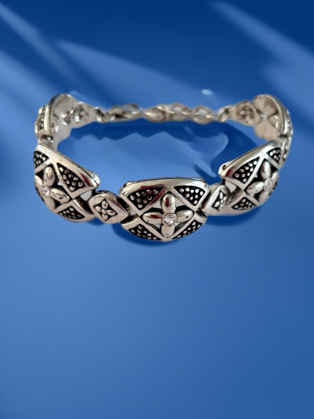 Brighton Silver and Black Floral Link Bracelet Crystal center